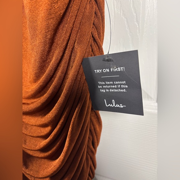 Lulus Irresistible Presence Rust Halter Ruched Bodycon Midi Dress Small - Picture 3 of 9